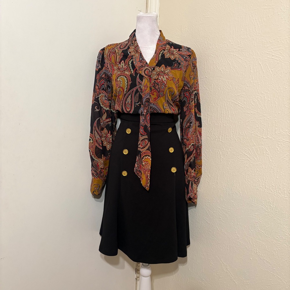 Gold Yellow Paisley Tie Neck Balloon Sleeve Dress Professional 60s Retro Sz 6